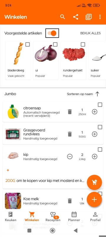 Toggle suggested items switch on Shopping List